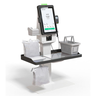 POScenter SCO-K210 Fly_V2.1 (21.5”, J4125, 8Gb, SSD128Gb, Врезанные весы в столешницу, 2D сканер, Светофор, З цвета, полка для ПИН-пад, полка для ККТ, стойка тумба с полками для покупок, держатель пакетов)